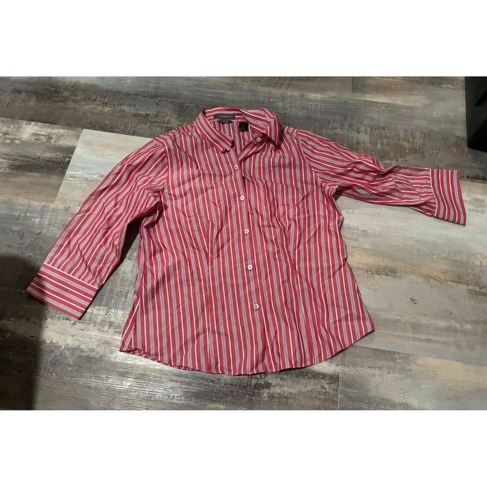 Liz Claiborne Non-Iron Striped Button Down Shirt Red White  Womens